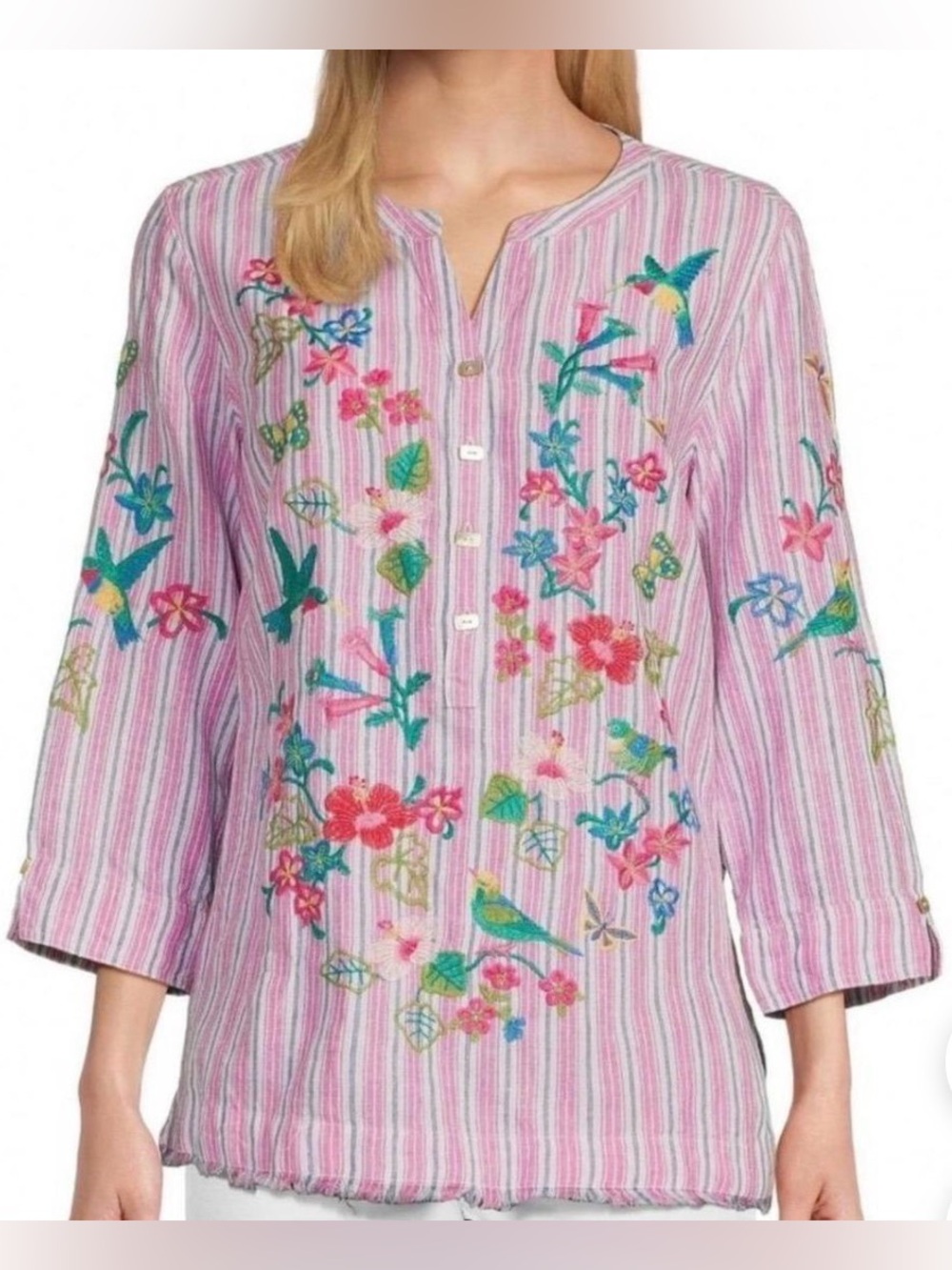 John Mark Pink Striped Linen Embroidered Floral Hummingbird Tunic Blouse